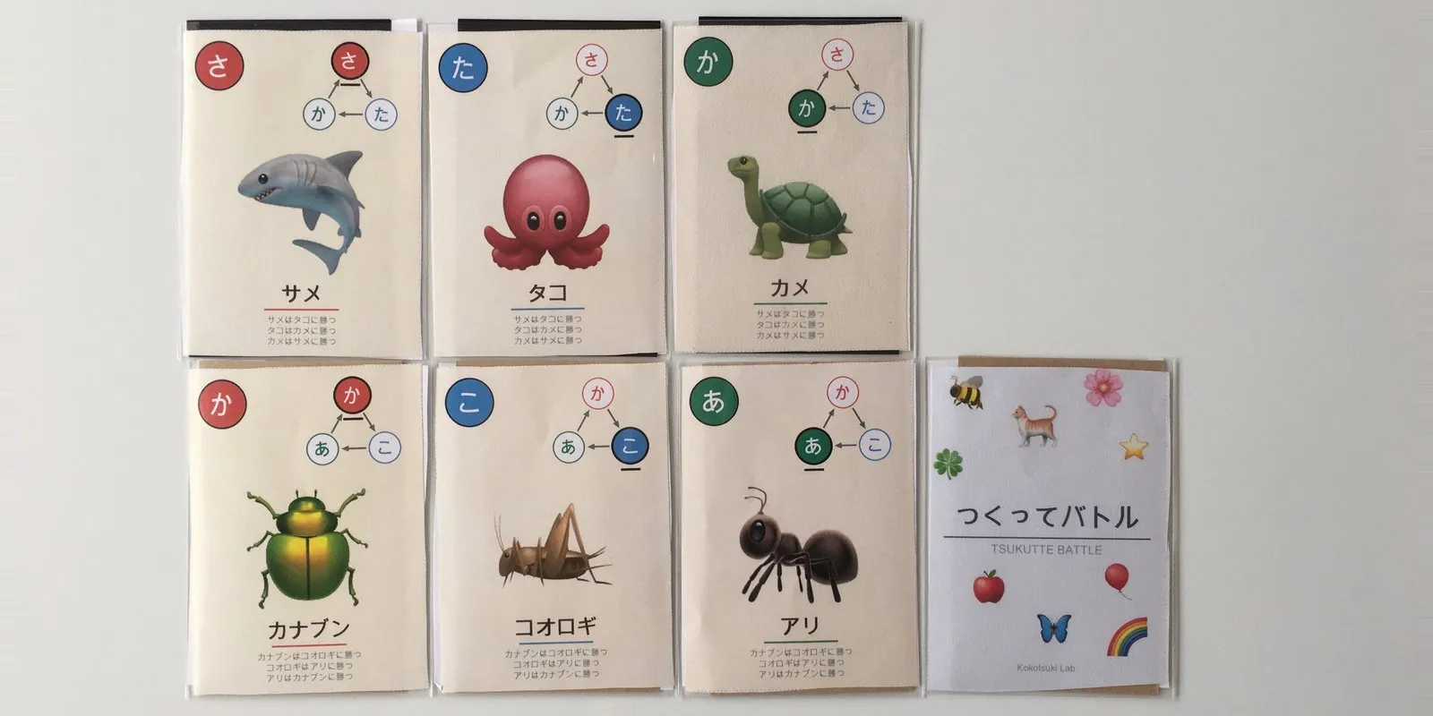 実際に印刷して遊んでいるカード。海・虫のカードと裏面つくってバトル